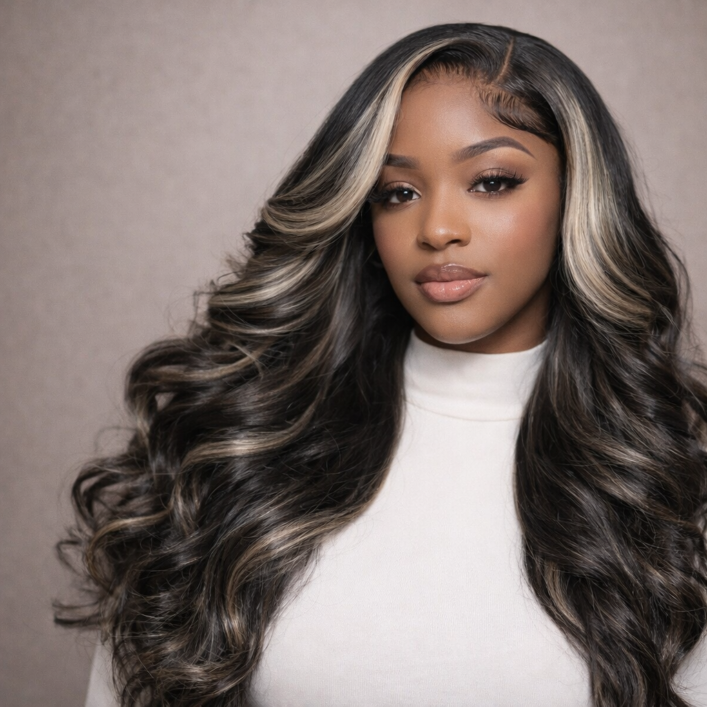 Body Wave Human Hair Lace Wig With Blonde Highlights