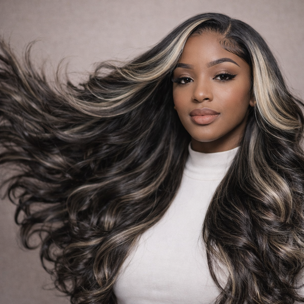 Body Wave Human Hair Lace Wig With Blonde Highlights